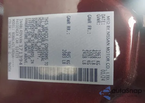 2024 Nissan Altima Sv Fwd из США, поврежденный, VIN 1N4BL4DVXRN371394